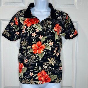 Jamaica Bay Hawaiian casual polo cotton L womens red black hibiscus
